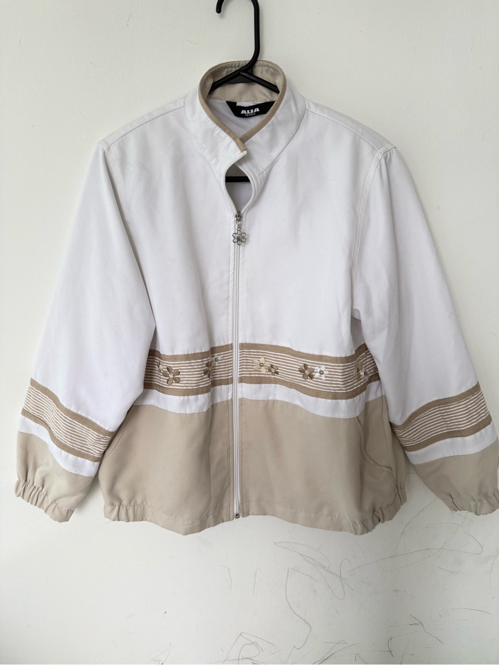 Aqua White and Beige Embroidered Bomber Jacket